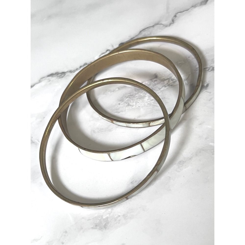 Vintage Brass Mother of Pearl Inlay Bangle Bracelet Stackable Boho 3 Piece Set